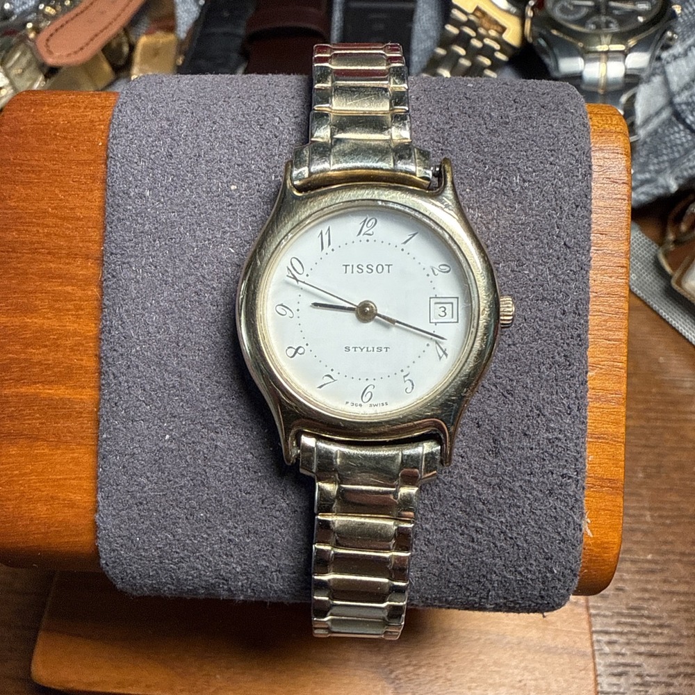 Vintage Tissot Stylist F304 Ladies Watch Gold Tone + Brown Leather Strap Quartz